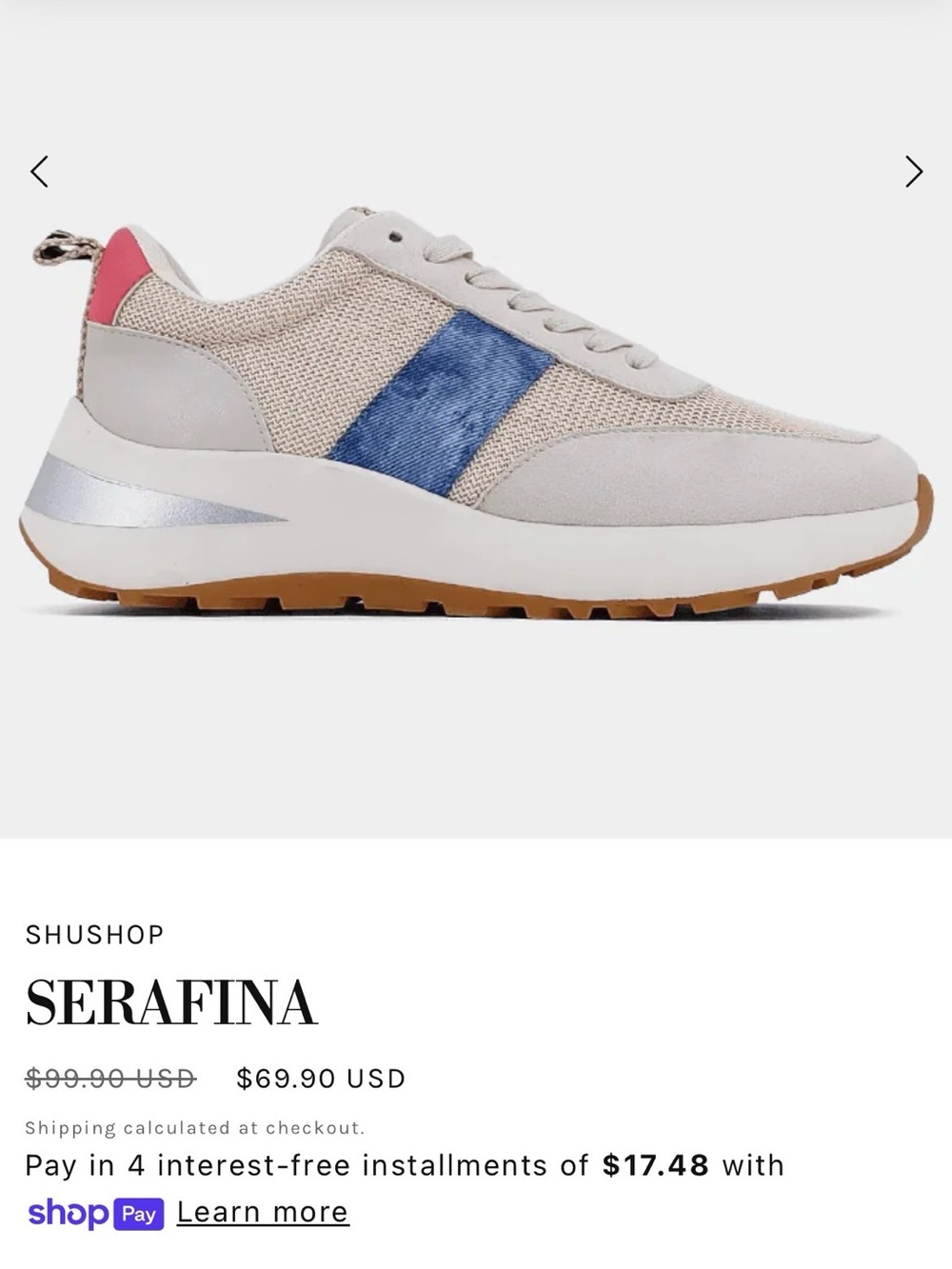 ShuShop Serafina Beige Sneakers with Blue Stripe and Pink Heel